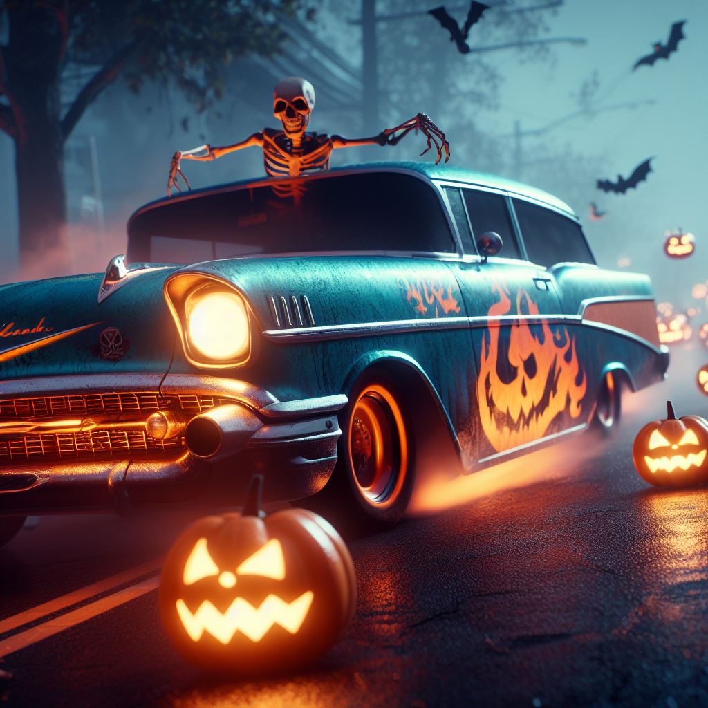 صورة مولدة بالذكاء الاصطناعي: 1955 Chevy Nomad Halloween Series V2 (نموذج Stable Diffusion - فن مفاهيمي)