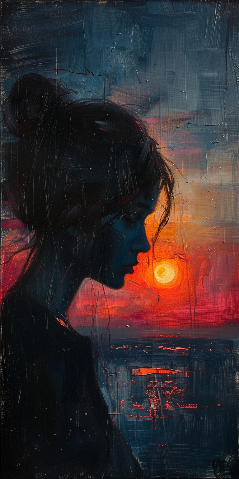 AI generated: Midjourney prompt: Impressionist painting, woman at sunset, 25-30 yea... (Midjourney - Concept Art)