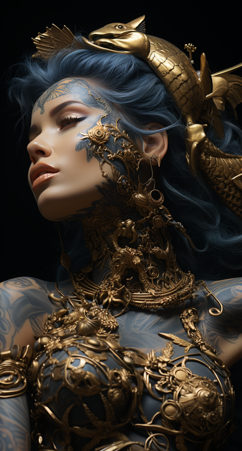 Midjourney prompt: a woman posing for a magazine in gold with elabora... - Midjourney