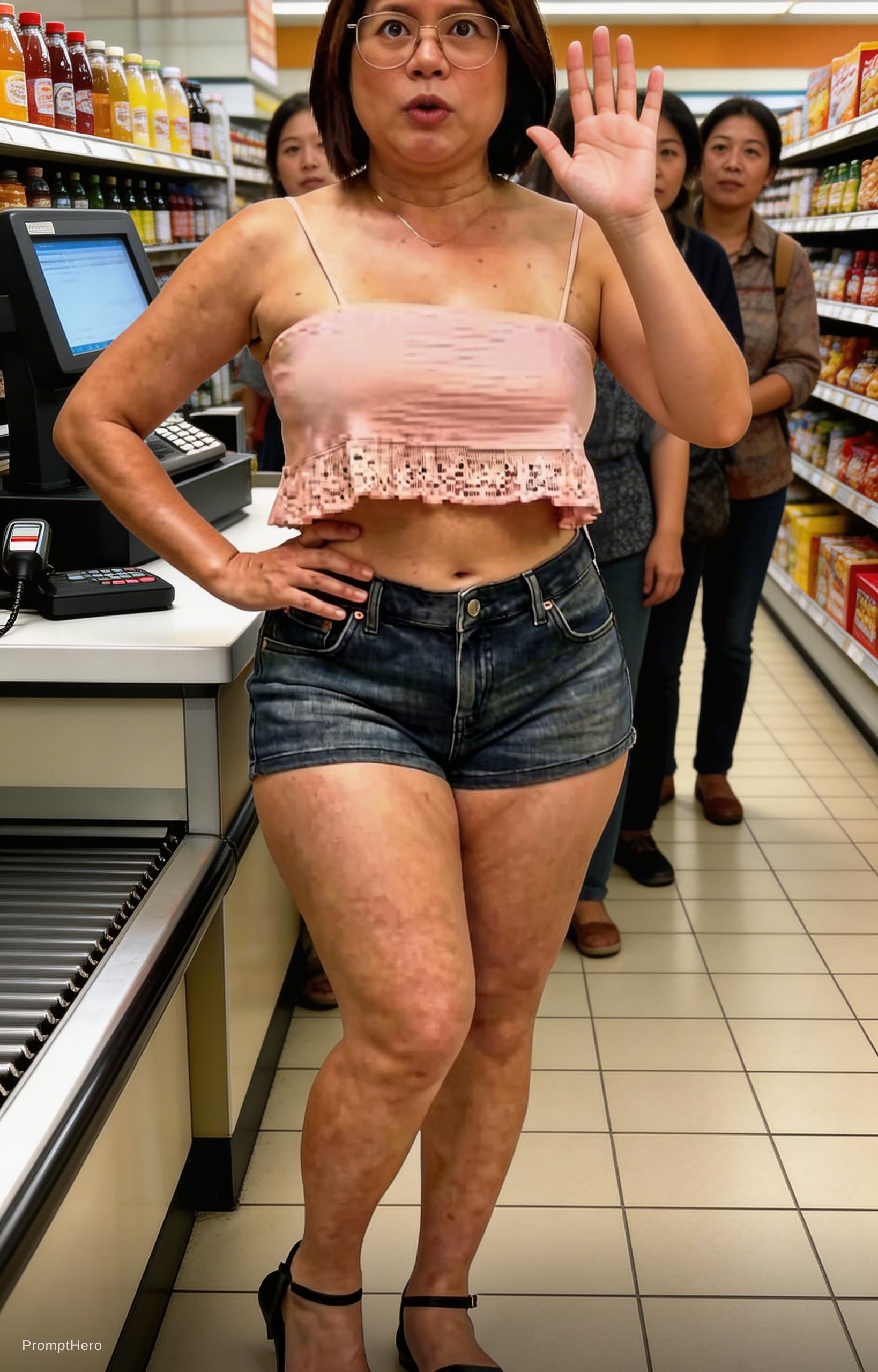 صورة مولدة بالذكاء الاصطناعي: Seedream 5 prompt: she is standing in line to a grocery cashier. she ... (نموذج Seedream 5 - فن مفاهيمي)