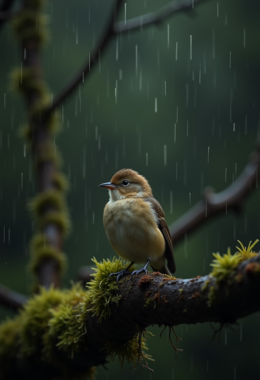 صورة مولدة بالذكاء الاصطناعي: FLUX prompt: A small bird perched on a branch, rain falling sof... (نموذج FLUX - تصوير فوتوغرافي)