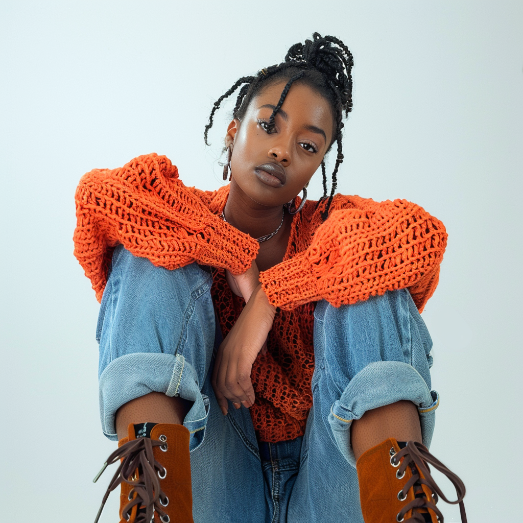 AI generated: Midjourney prompt: Photograph taken from below, black female model lo... (Midjourney - Fashion)
