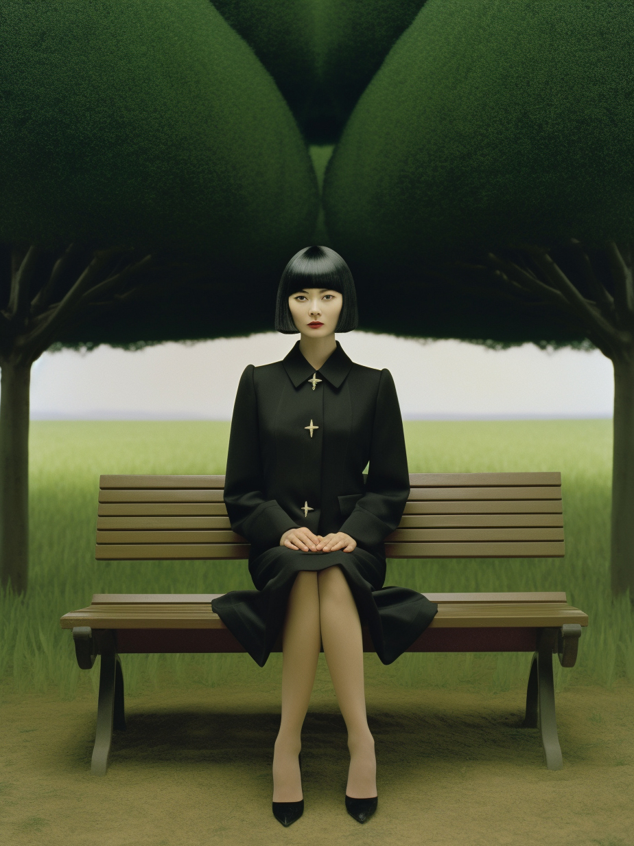 AI generated: Midjourney prompt: a woman sitting on a bench , an album cover, inspi... (Midjourney - Fashion)
