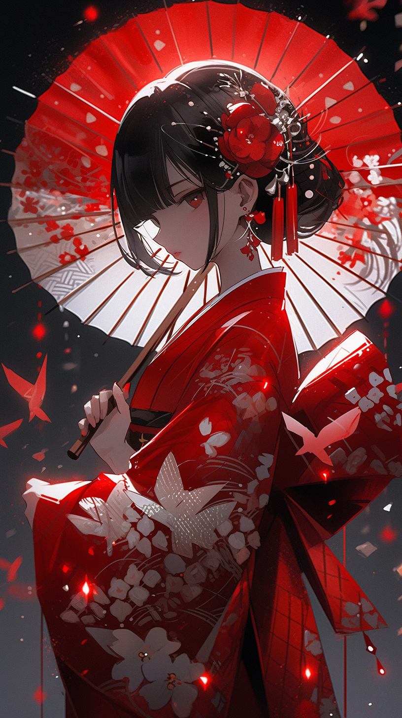 AI generated: Midjourney prompt: the geisha is wearing red and white, in the style ... (Midjourney - Anime)