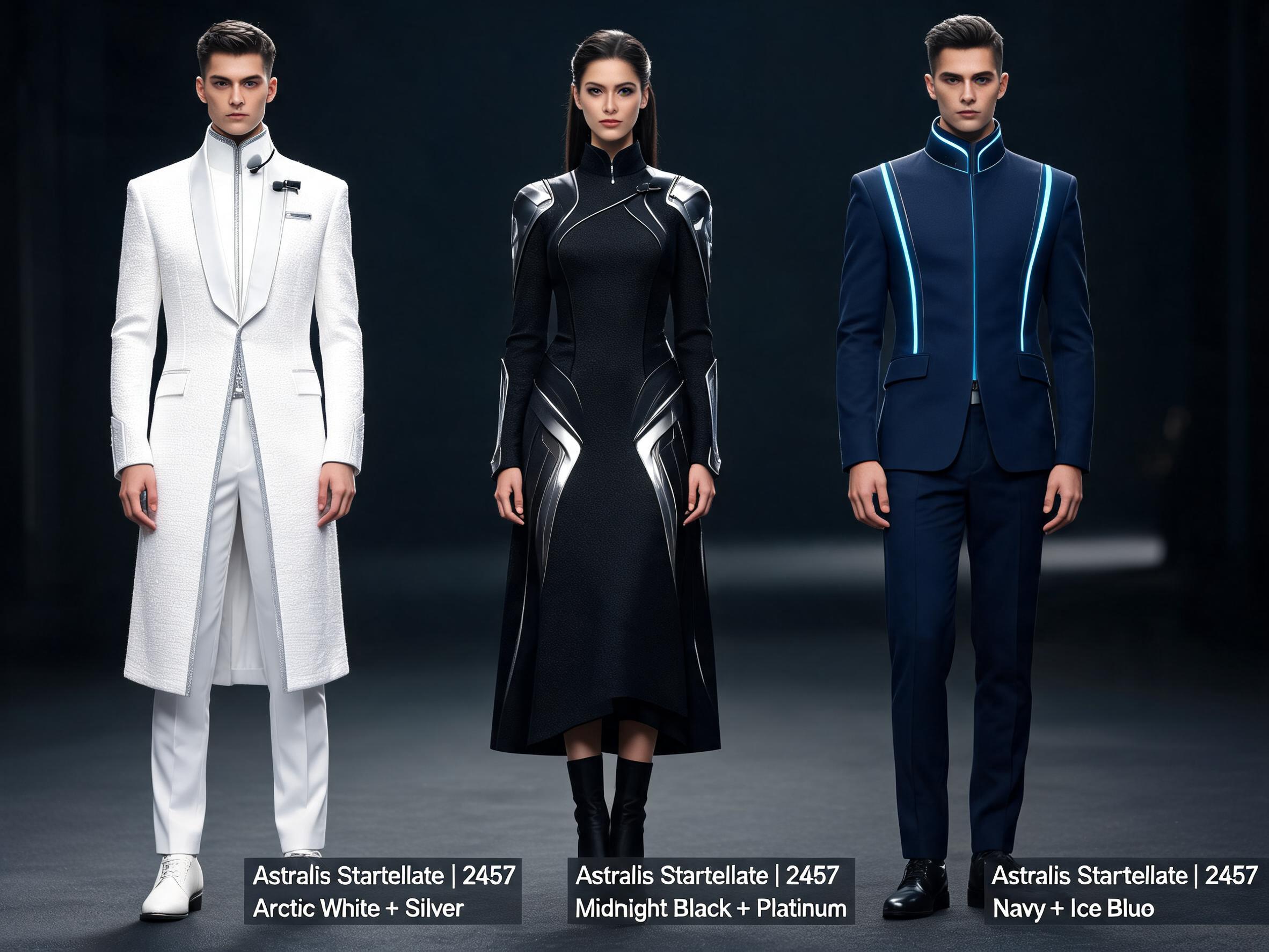 صورة مولدة بالذكاء الاصطناعي: Seedream 5 prompt: Create a high-fashion concept sheet of futuristic ... (نموذج Seedream 5 - أزياء وموضة)