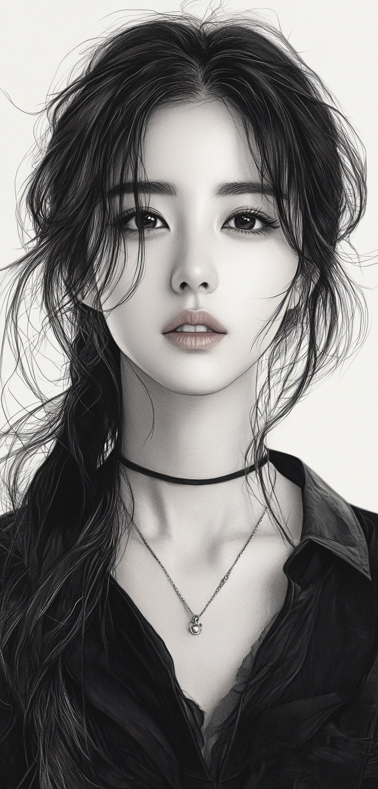 AI generated: Midjourney prompt: Realistic Black and white sketch of a beautiful Ko... (Midjourney - Portraits)