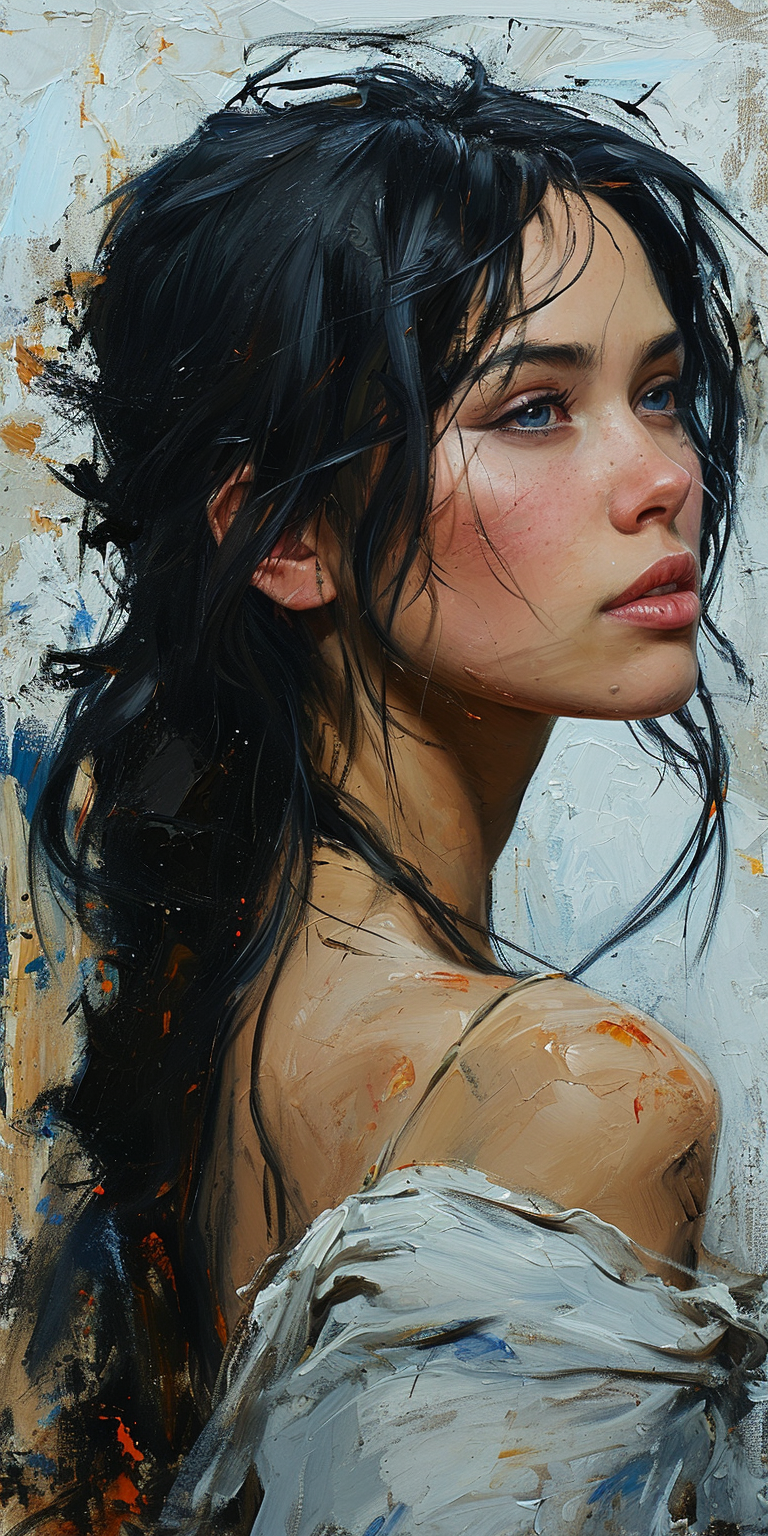 Midjourney prompt: an oil painting of a woman with long black hair, i... - Midjourney
