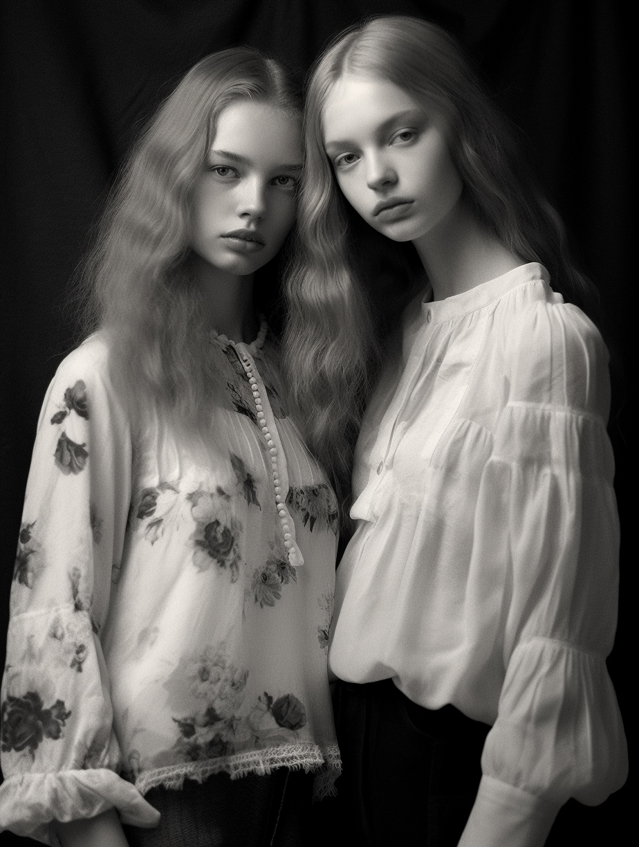 AI generated: Midjourney prompt: a couple of women standing next to each other, in ... (Midjourney - Fashion)