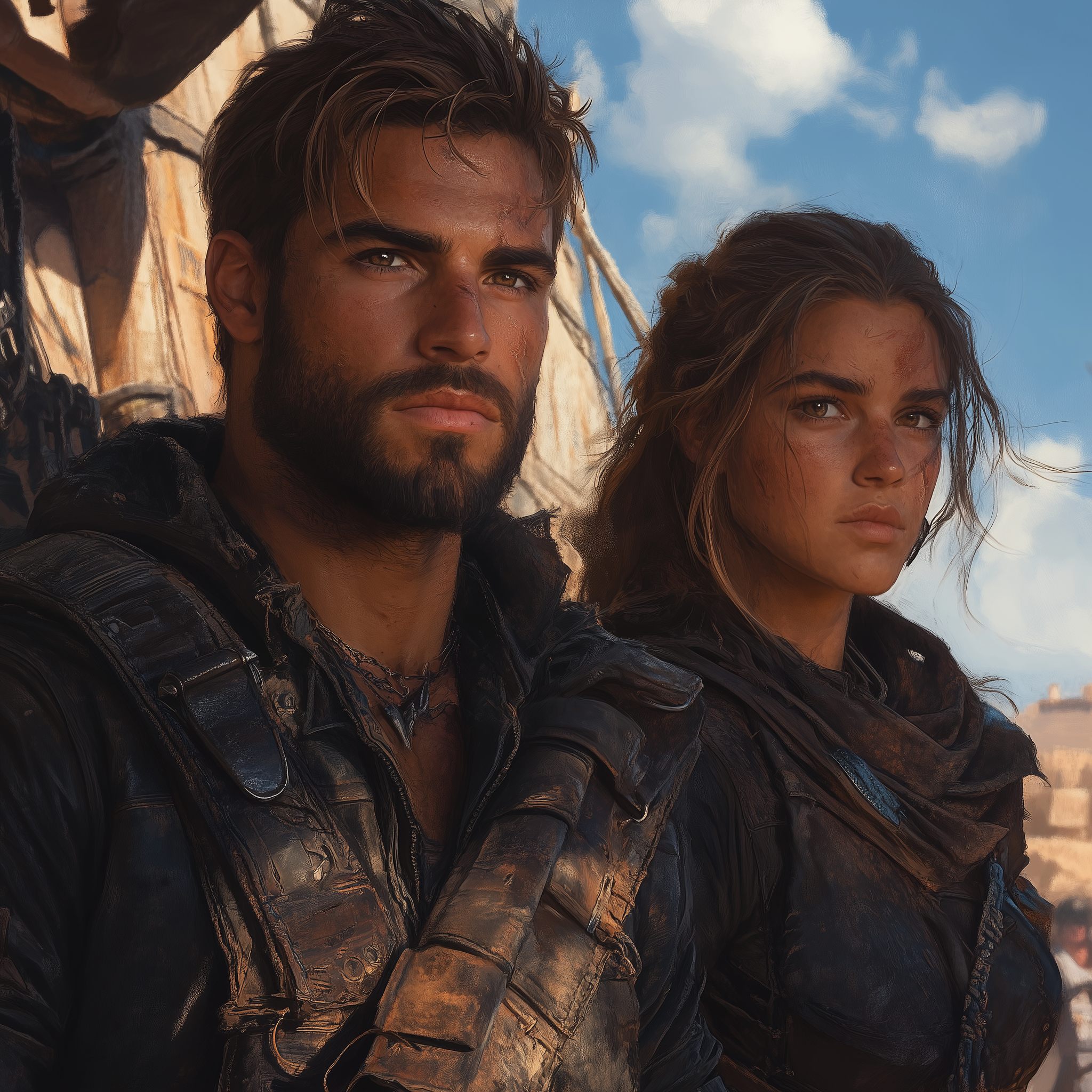 AI generated: Midjourney prompt: A post-apocalyptic cyberpunk desert couple standin... (Midjourney - Character Design)