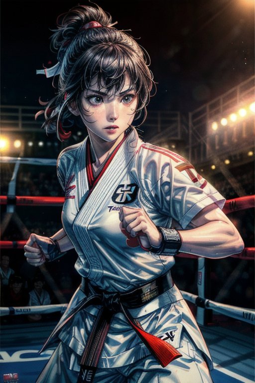 صورة مولدة بالذكاء الاصطناعي: Stable Diffusion prompt: Action-packed, hyper realistic to a (Taekwondo fig... (نموذج Stable Diffusion - صور شخصية)