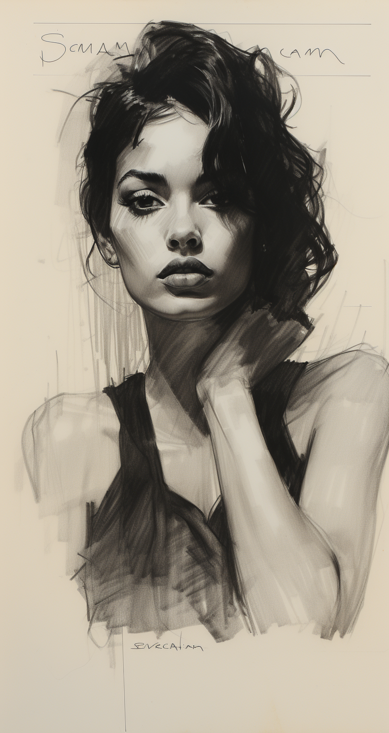 AI generated: Midjourney prompt: Rough charcoal sketch on old paper, beautiful fema... (Midjourney - Portraits)