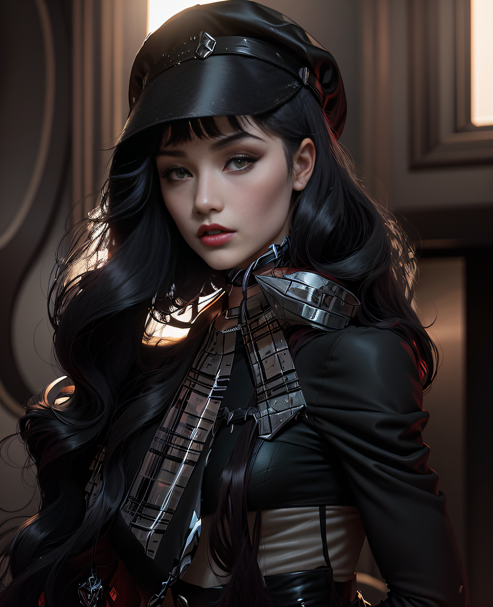 صورة مولدة بالذكاء الاصطناعي: ReV Animated prompt: a close up of a woman with long black hair wearing... (نموذج ReV Animated - فن مفاهيمي)