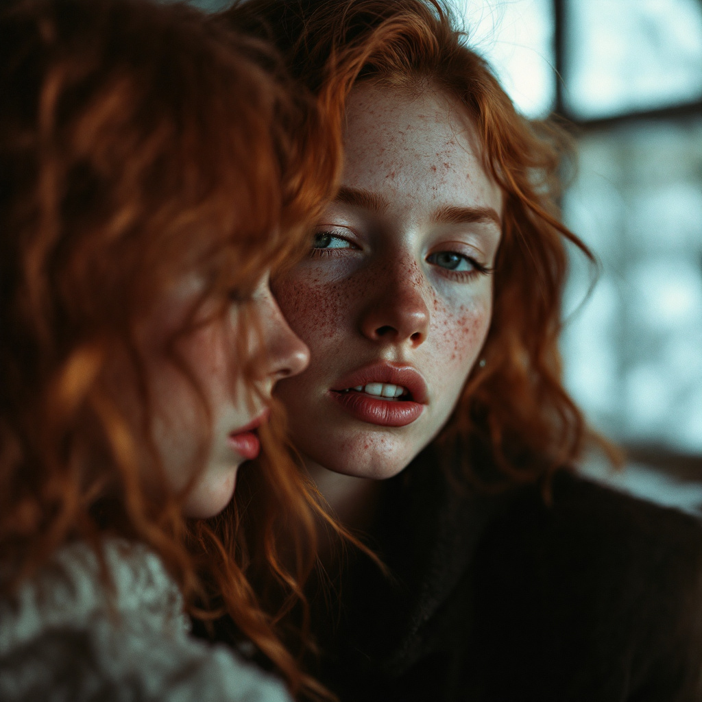 صورة مولدة بالذكاء الاصطناعي: FLUX prompt: redheag girl, intimate pose, extreme freckles, sho... (نموذج FLUX - صور شخصية)