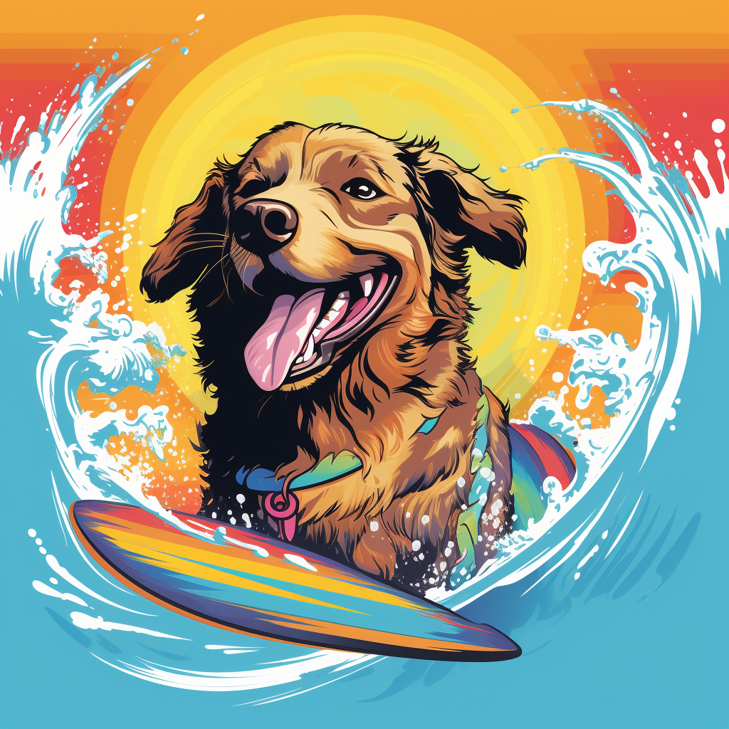 Midjourney prompt: UI retro illustration, happy dog, surfing, psyched... - Midjourney