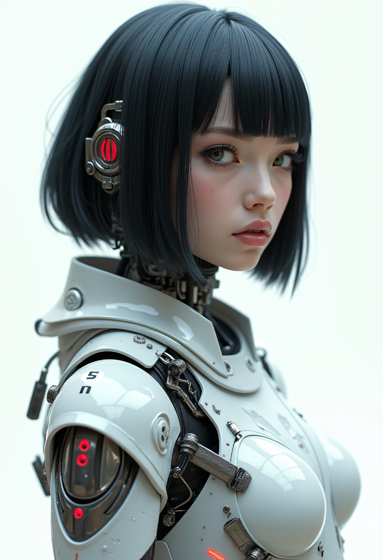 AI generated: FLUX prompt: Hyperdetailed cyborg half body shot, feminine andr... (FLUX - Photography)