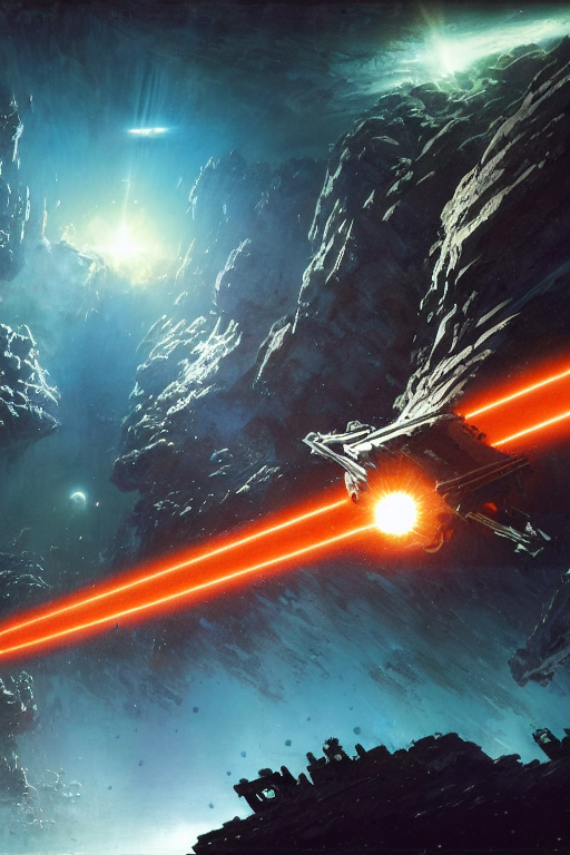 Stable Diffusion prompt: Wide shot of a spaceship battle,...