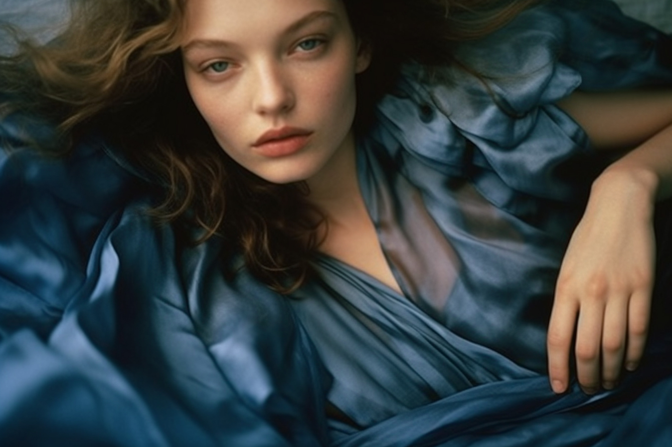 AI generated: Midjourney prompt: a woman in a blue dress laying on the ground, a pi... (Midjourney - Fashion)