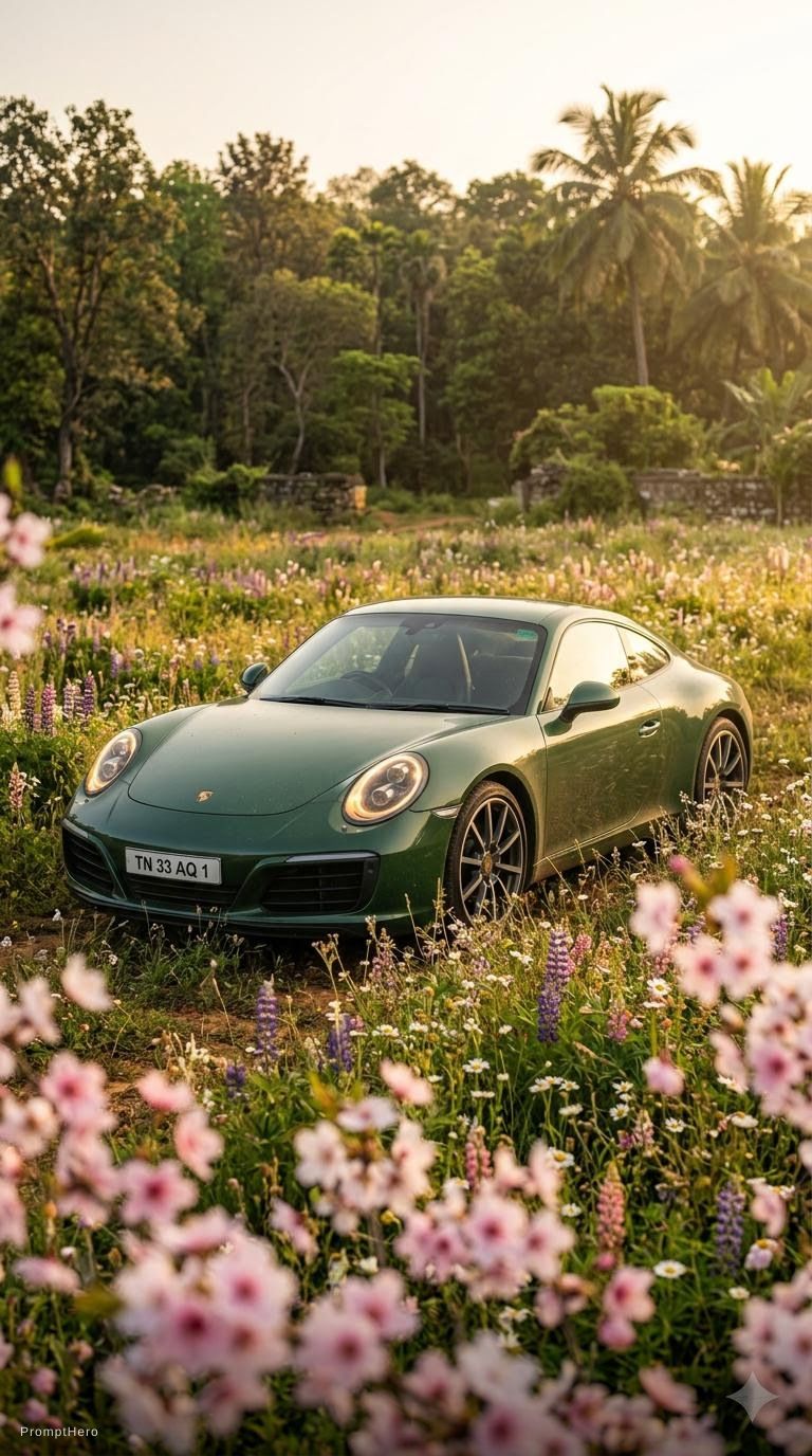 AI generated: Hero prompt: extremely low shot of a forest green porche 911 in... (Hero - Landscapes)