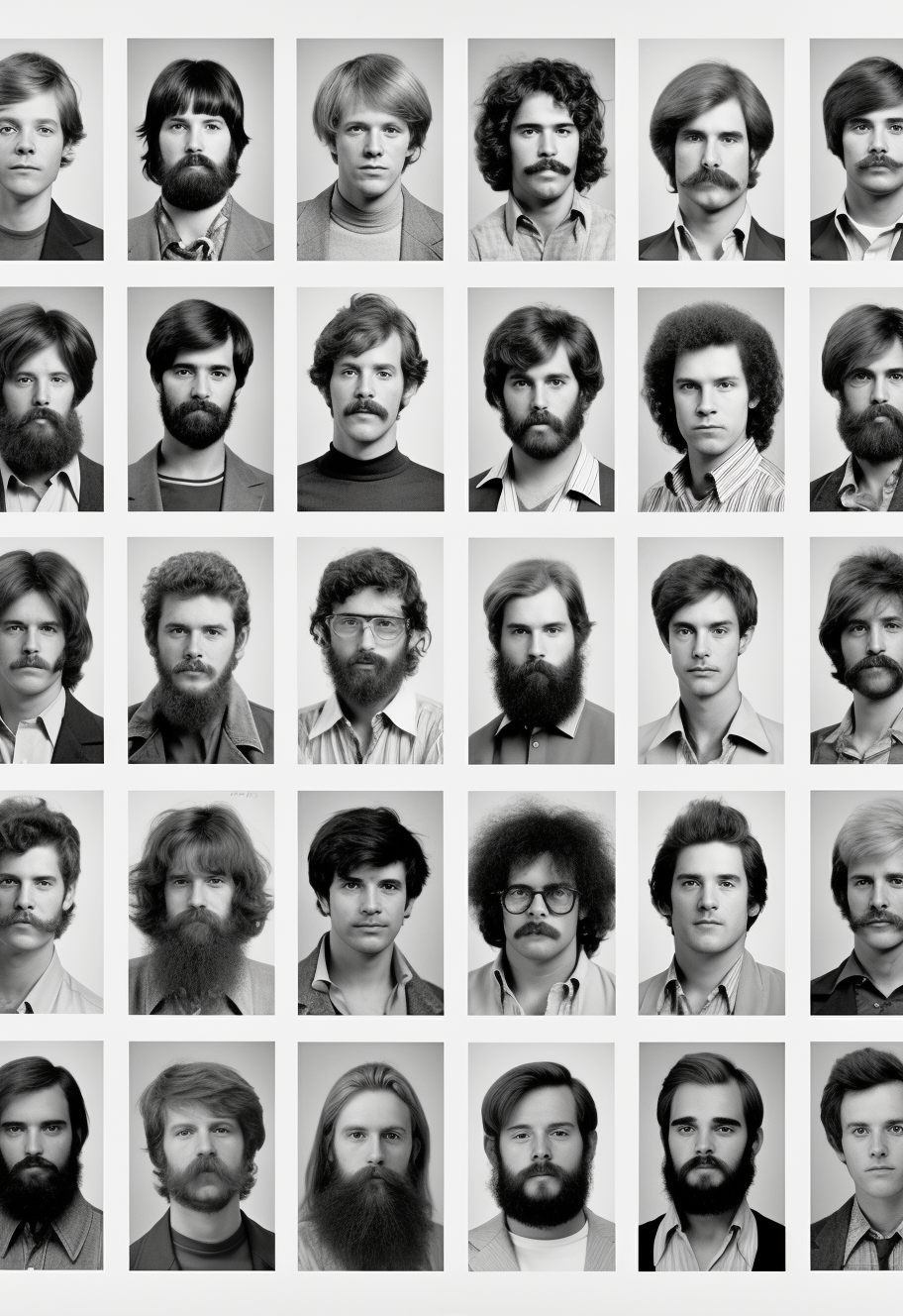 AI generated: Midjourney prompt: A grid of mens hairstyles from the 1970s, from lon... (Midjourney - Fashion)