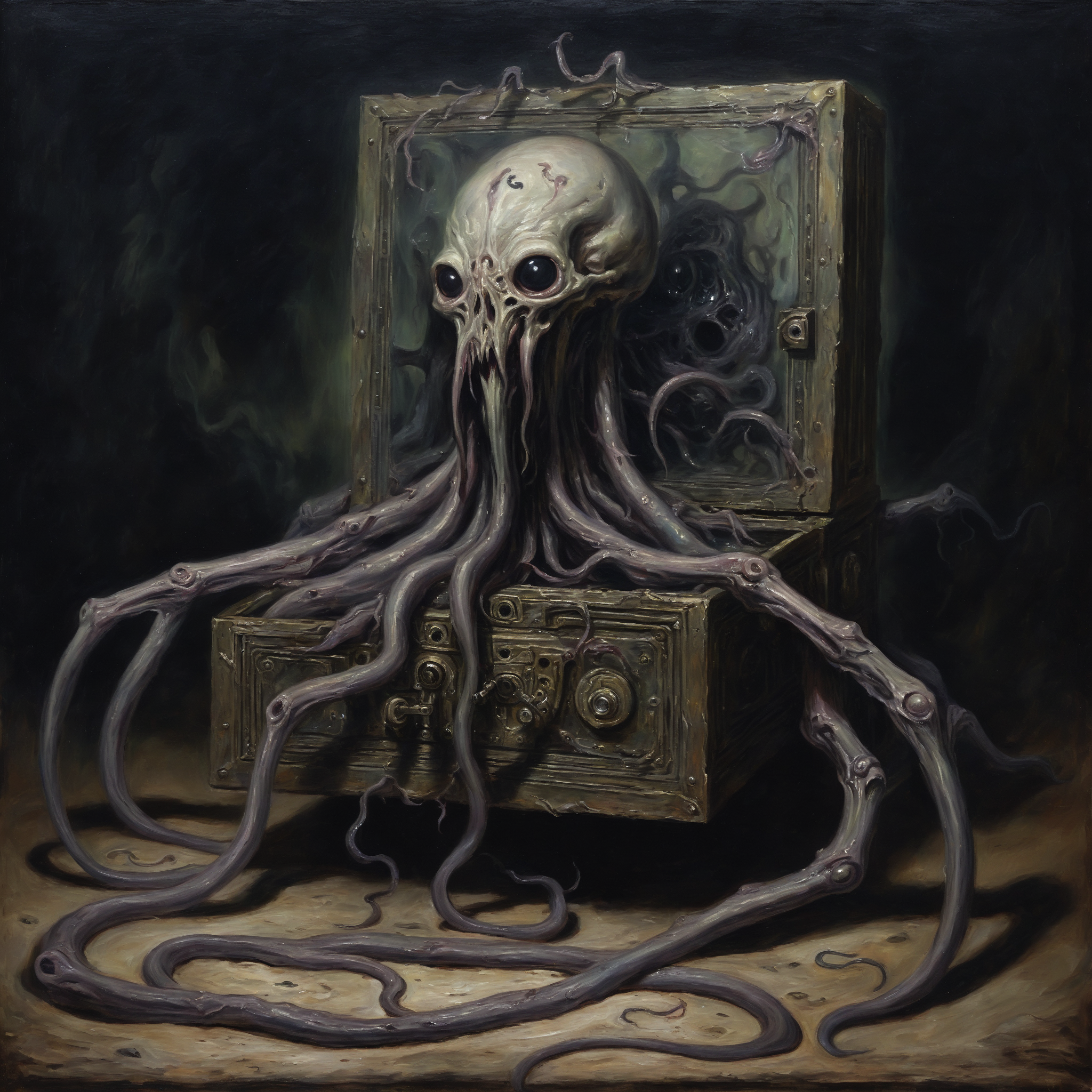AI generated: Stable Diffusion prompt: Horror-themed oil painting depicting an ancient el... (Stable Diffusion - Concept Art)
