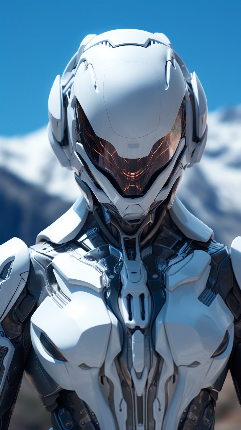 AI generated: Midjourney prompt: white sci-fi female armor with cybernetic helmet, ... (Midjourney - Anime)