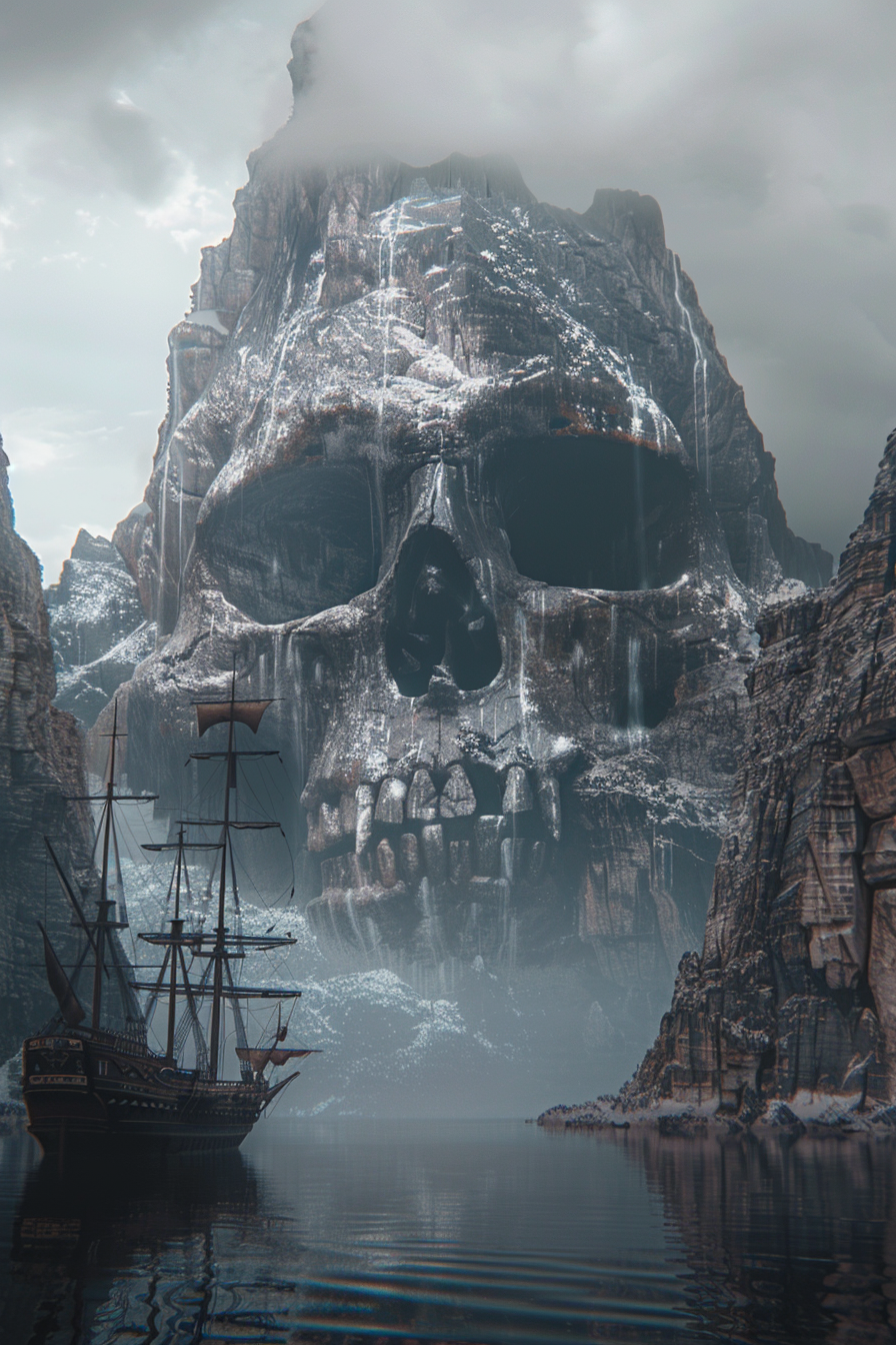 AI generated: Midjourney prompt: a large skull and a ship on water, in the style of... (Midjourney - Landscapes)