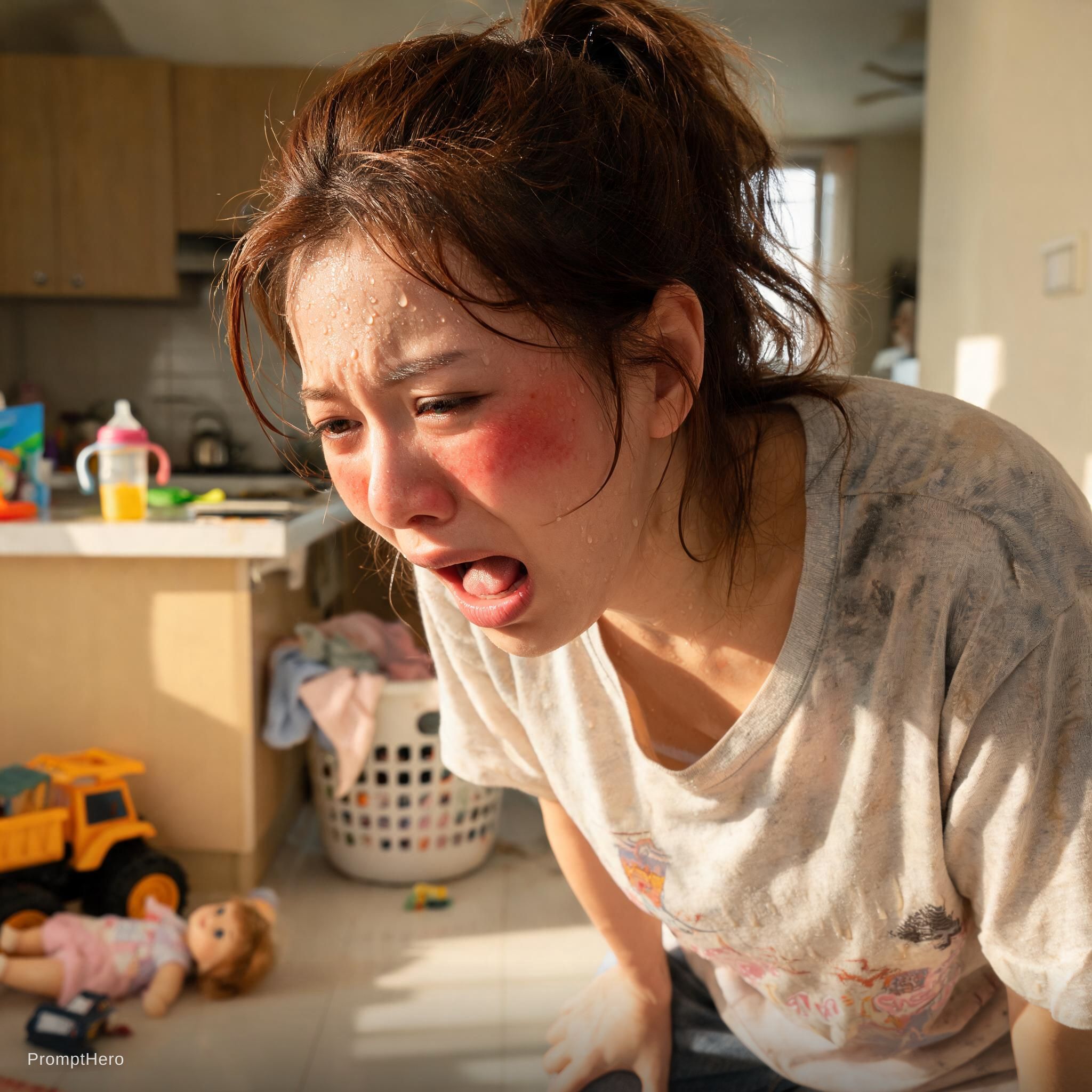 AI generated: Hero prompt: tired hot mom looks worn out panting (Hero - Concept Art)