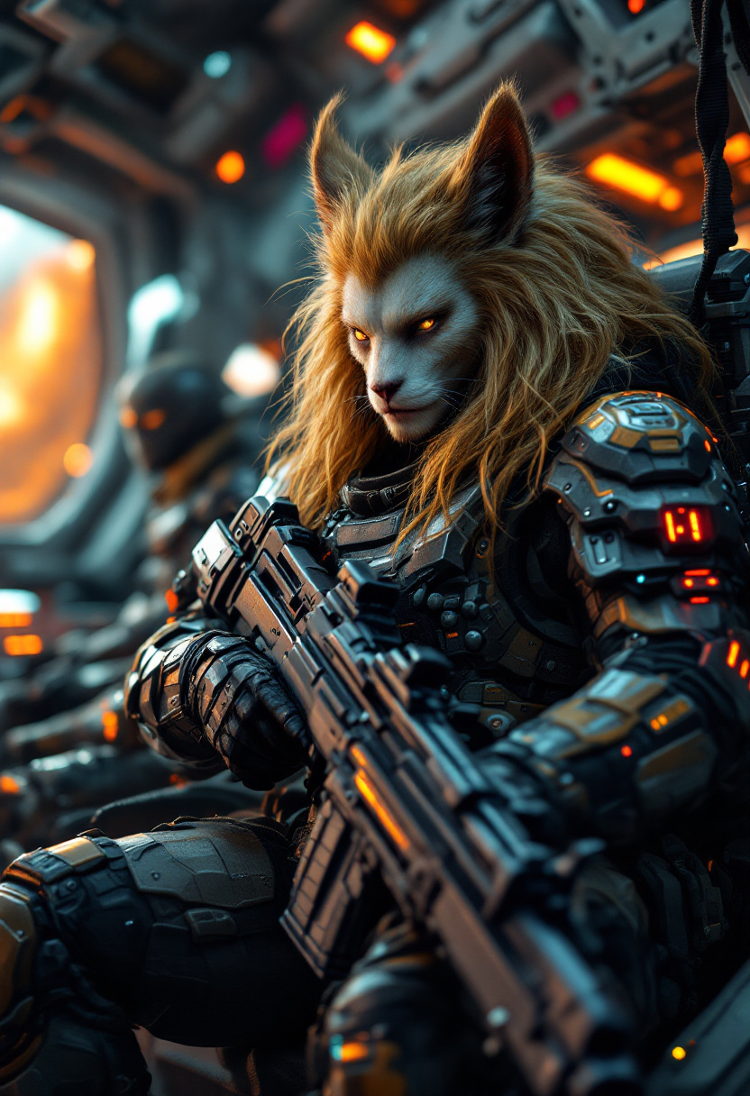 FLUX prompt: A 50yo focused humanoid with feline features...