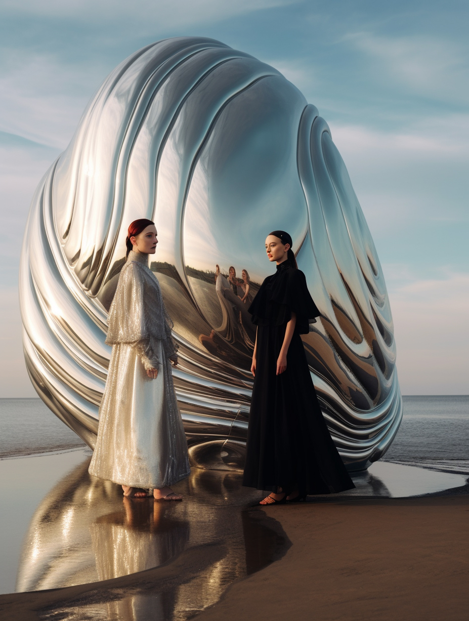 AI generated: Midjourney prompt: a couple of women standing next to each other on a... (Midjourney - Fashion)