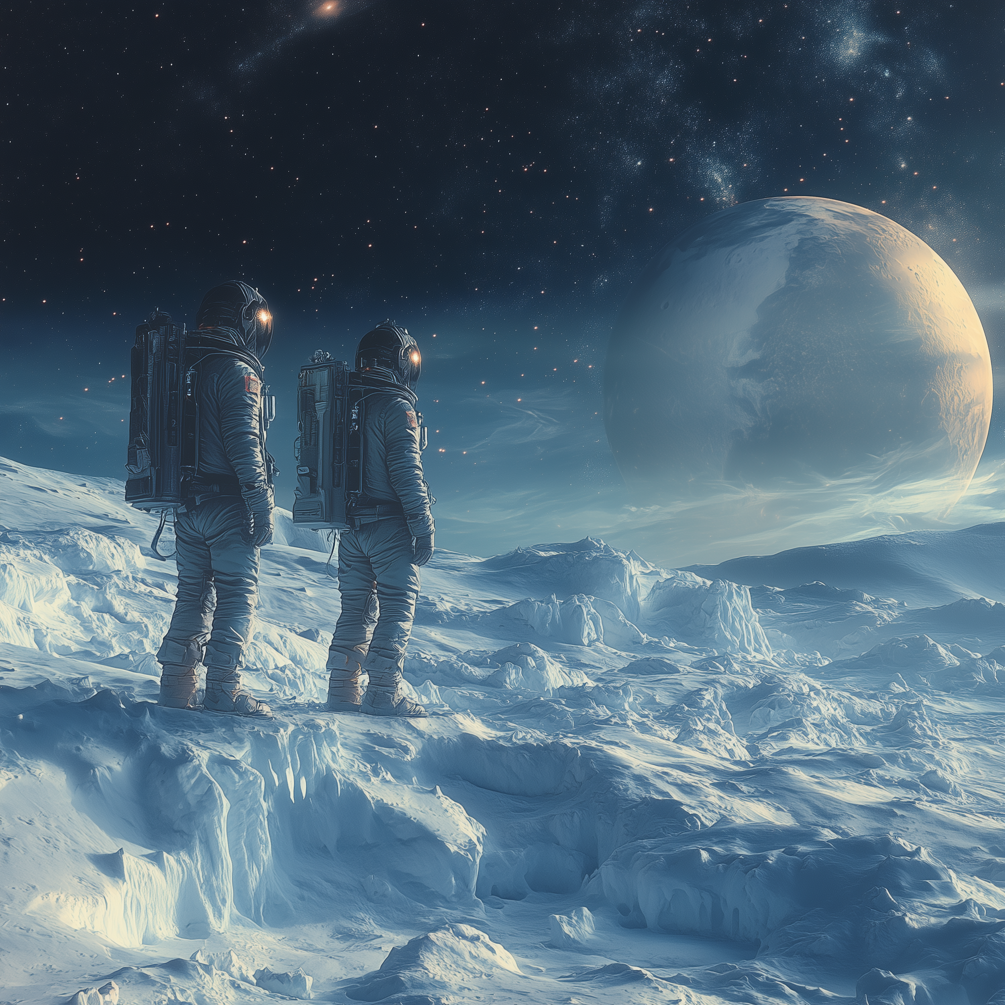 صورة مولدة بالذكاء الاصطناعي: Midjourney prompt: Two astronauts standing on the surface of an icy m... (نموذج Midjourney - مناظر طبيعية)