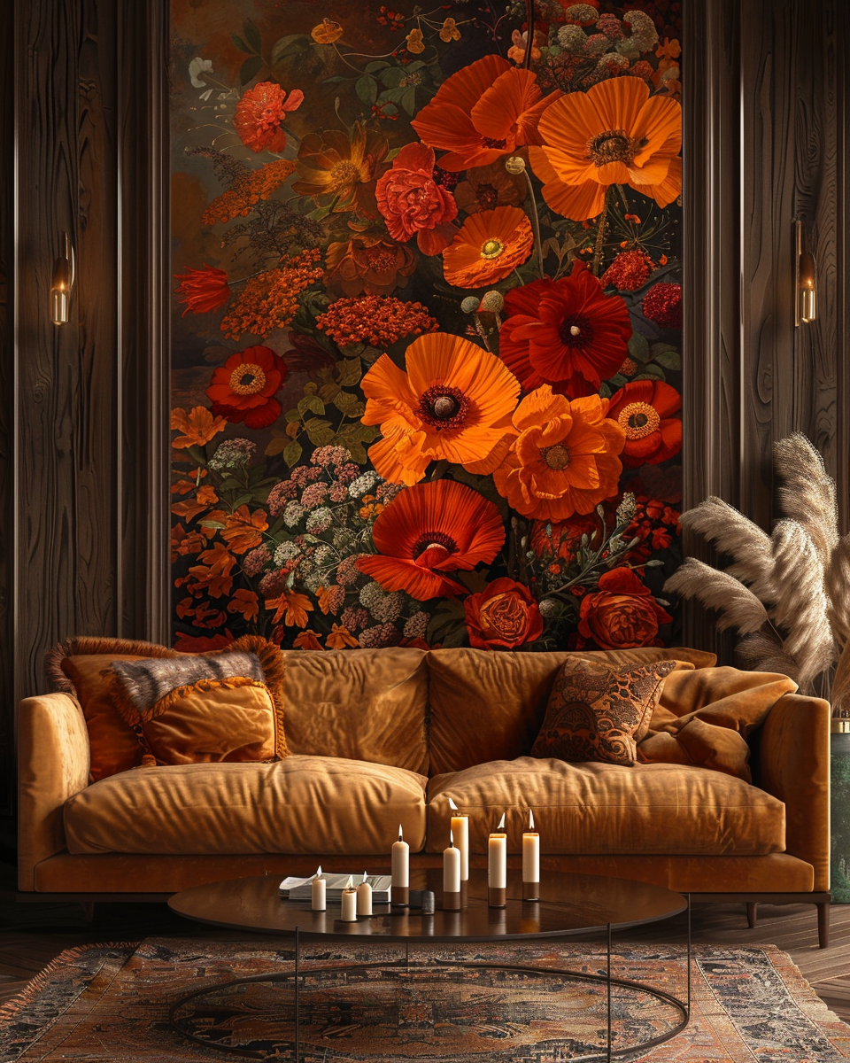 Midjourney prompt: A large wall mural of an autumn floral arrangement... - Midjourney