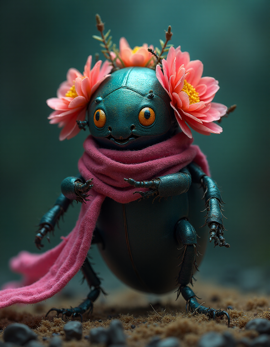 صورة مولدة بالذكاء الاصطناعي: FLUX prompt: floral beetle wearing a (long:1.2) pink (scarf:1.3... (نموذج FLUX - Character Design)