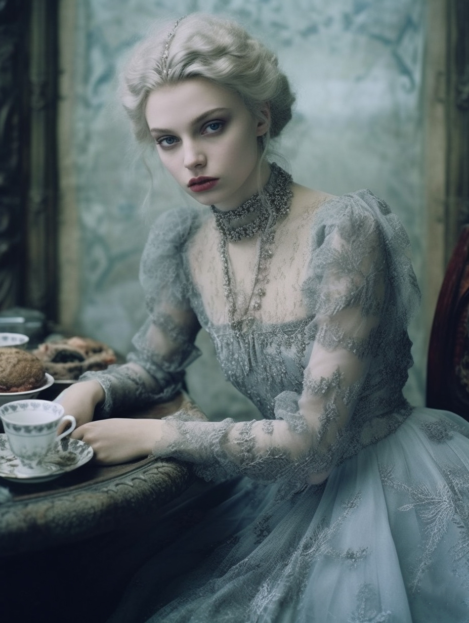 AI generated: Midjourney prompt: a woman sitting at a table , by Valerie Petts, tum... (Midjourney - Fashion)
