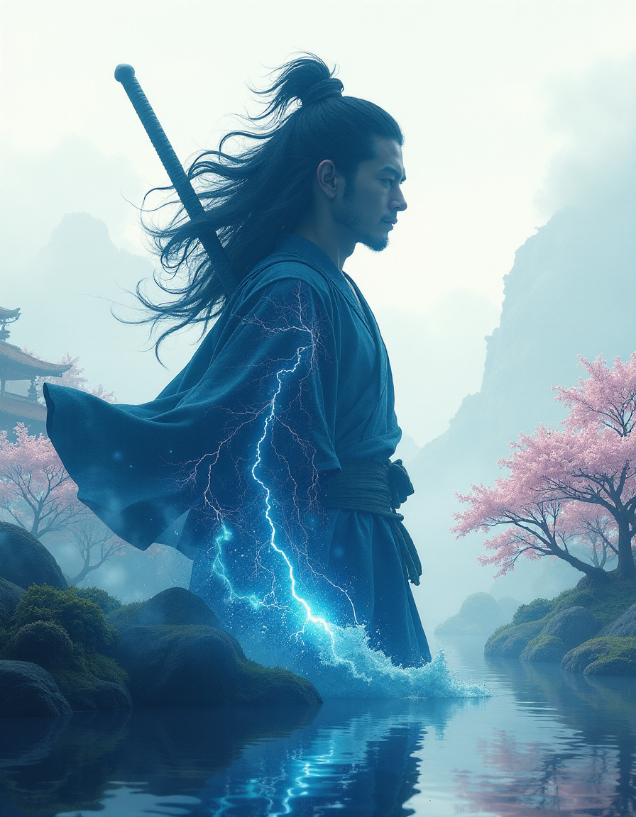 صورة مولدة بالذكاء الاصطناعي: FLUX prompt: Double Exposure Silhouette of Susanoo, Japanese St (نموذج FLUX - فن مفاهيمي)