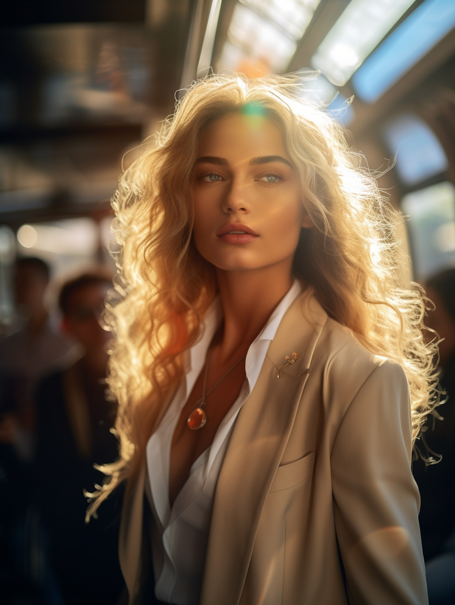 AI generated: Midjourney prompt: a model girl with long hair, dressed in a suit, is... (Midjourney - Fashion)