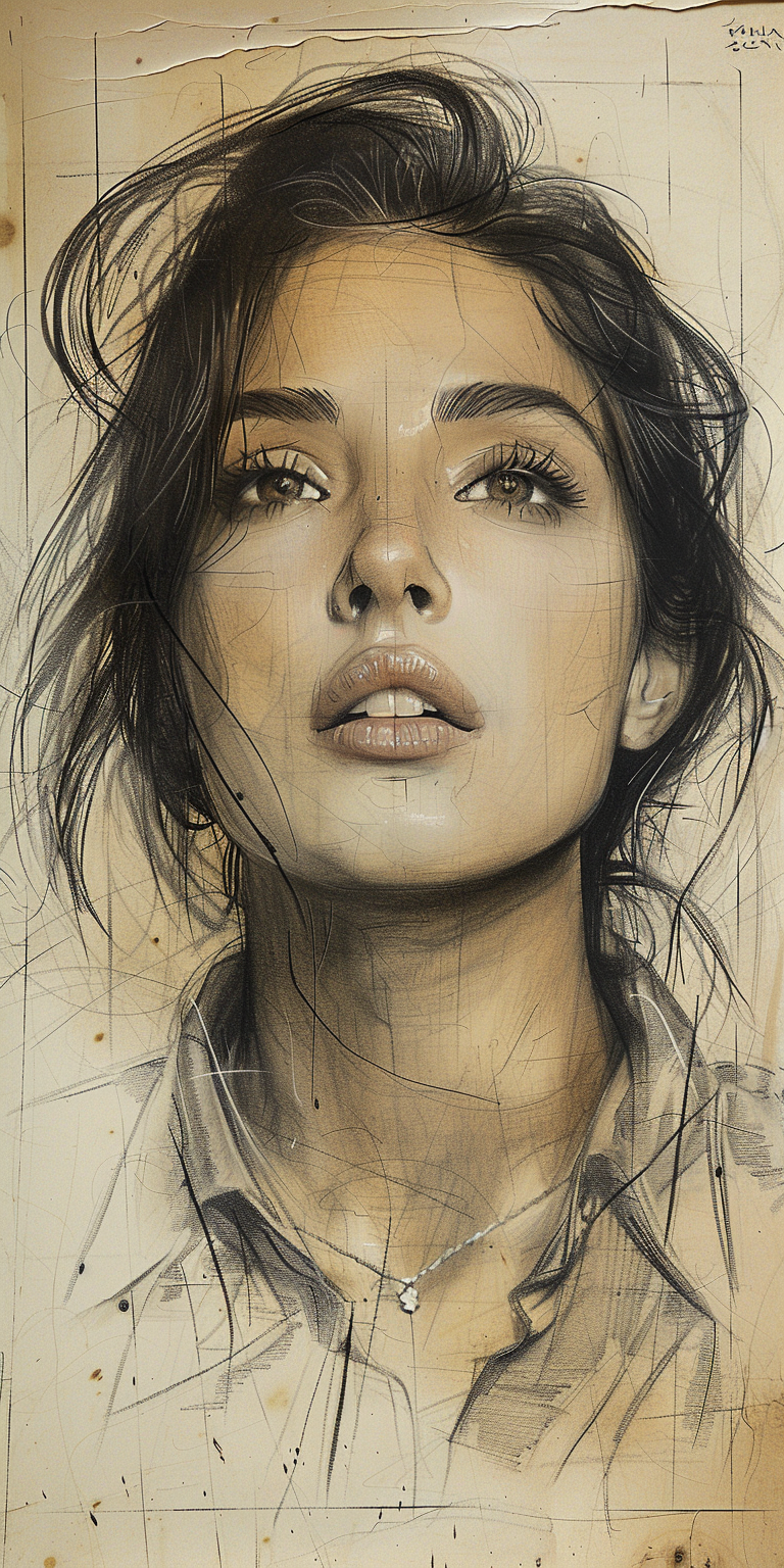 AI generated: Midjourney prompt: Rough charcoal sketch on old paper, beautiful fema... (Midjourney - Portraits)