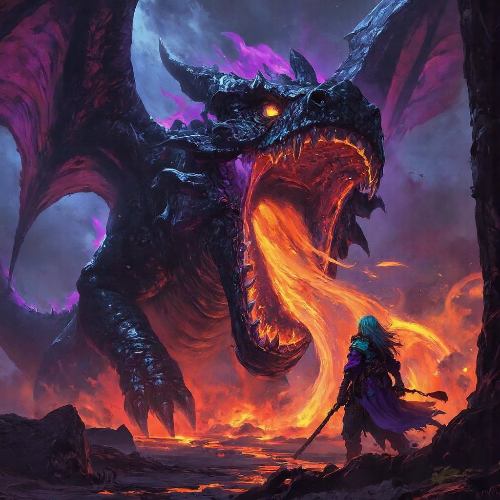 AI generated: FLUX prompt: A colossal battle-hardened dragon, its shiny black... (FLUX - Character Design)