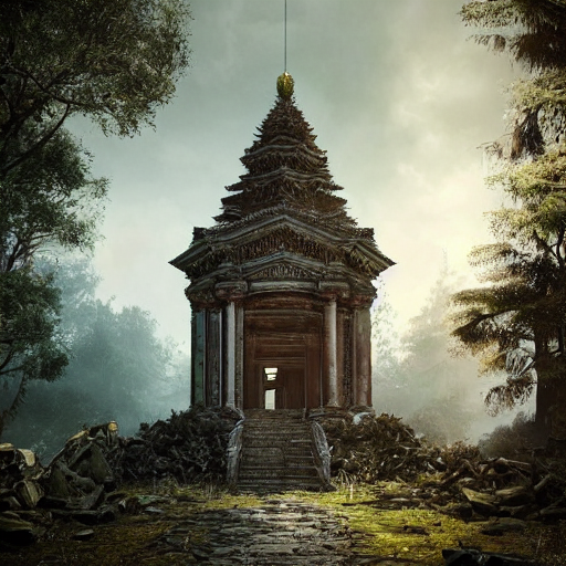 Stable Diffusion prompt: temple in ruines, forest, stairs...