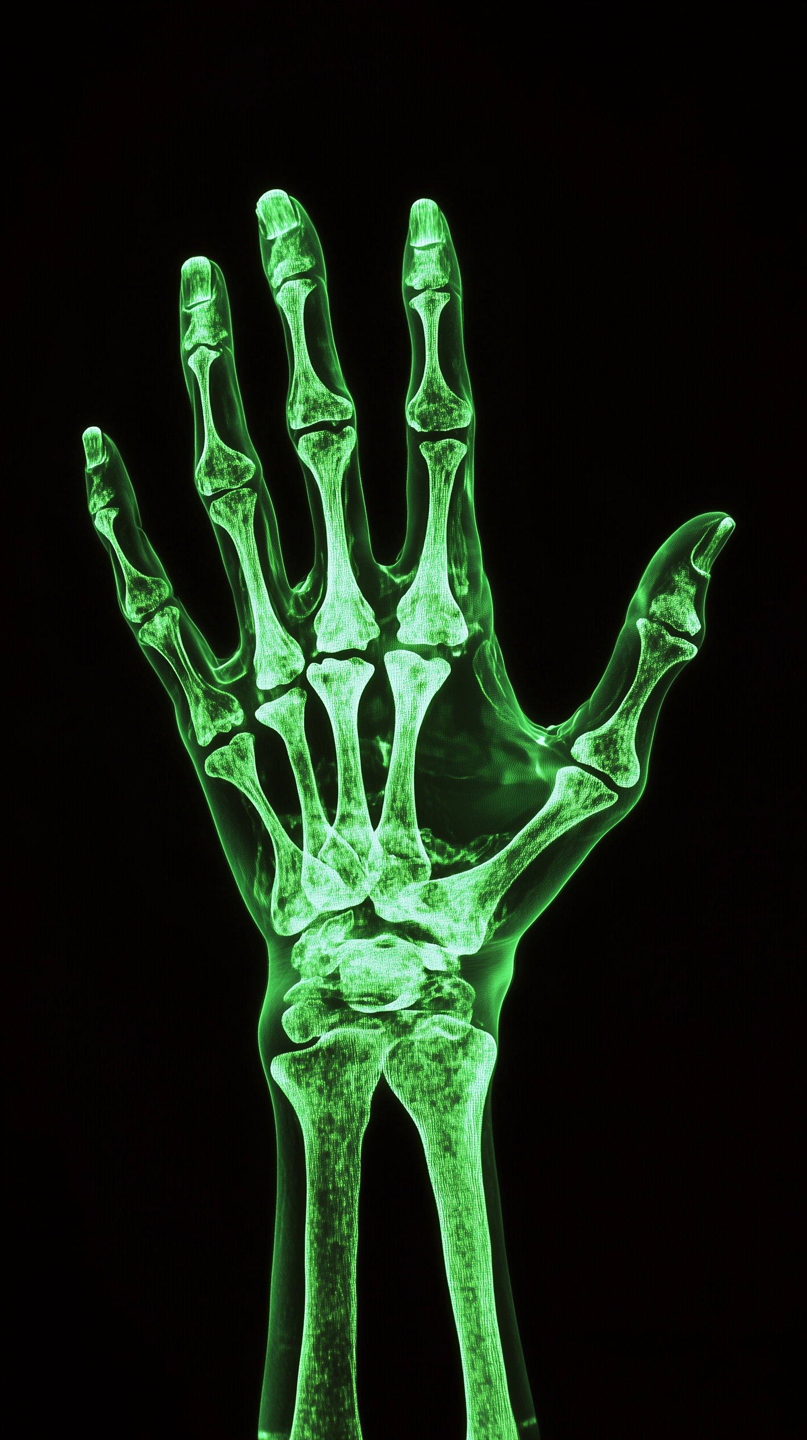AI generated: Midjourney prompt: neon green x-ray art, look down my hand, transpara... (Midjourney - Concept Art)