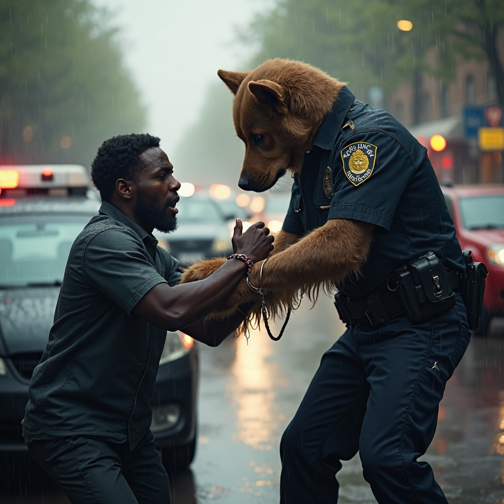 صورة مولدة بالذكاء الاصطناعي: FLUX prompt: dramatic emotional tension composition of policema... (نموذج FLUX - أزياء وموضة)