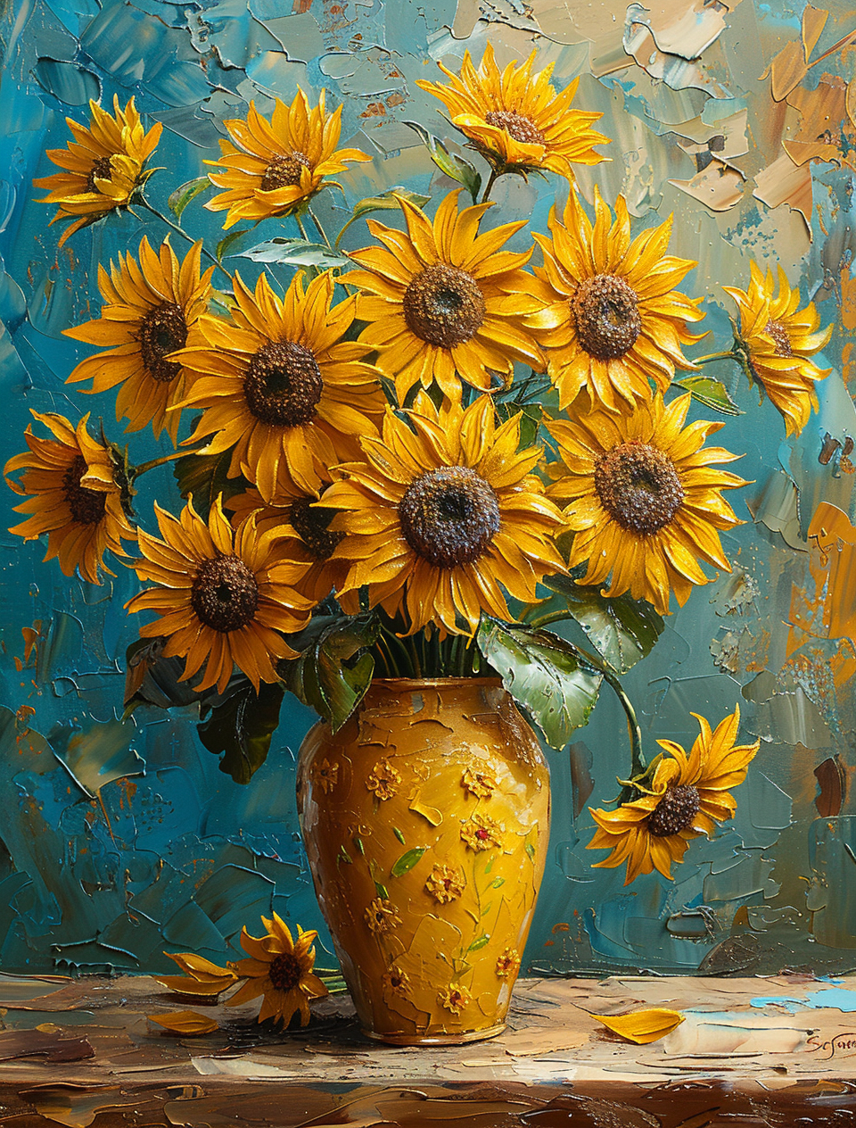 Midjourney prompt: an oil painting of many sunflowers in a yellow vas... - Midjourney