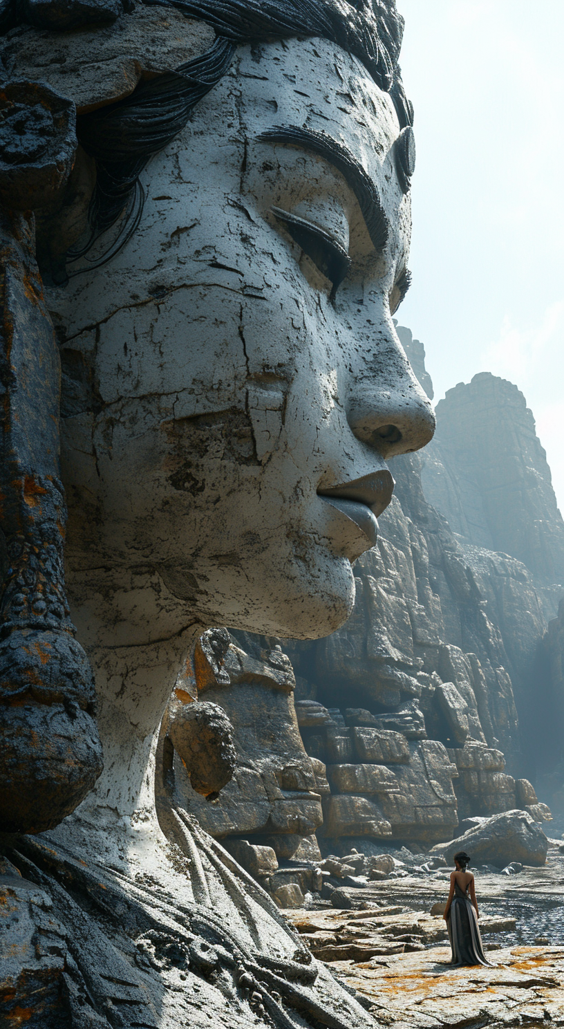 AI generated: Midjourney prompt: a large statue with a woman looking at it, in the ... (Midjourney - Photography)