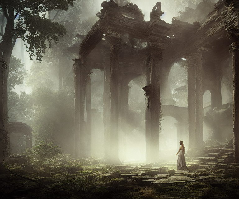 Stable Diffusion prompt: temple in ruines, forest, stairs...