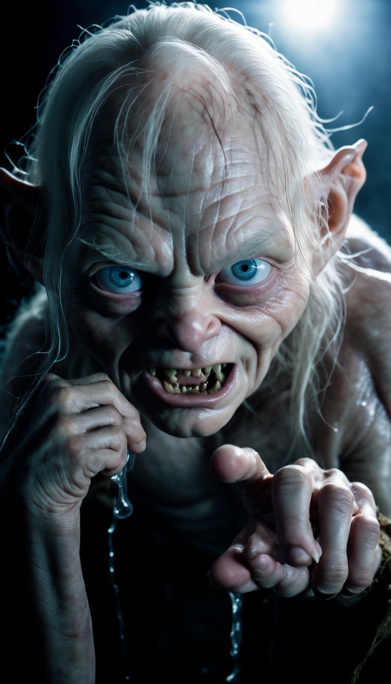 Stable Diffusion prompt: The image features a close-up of Gollum, a charact... - Stable Diffusion