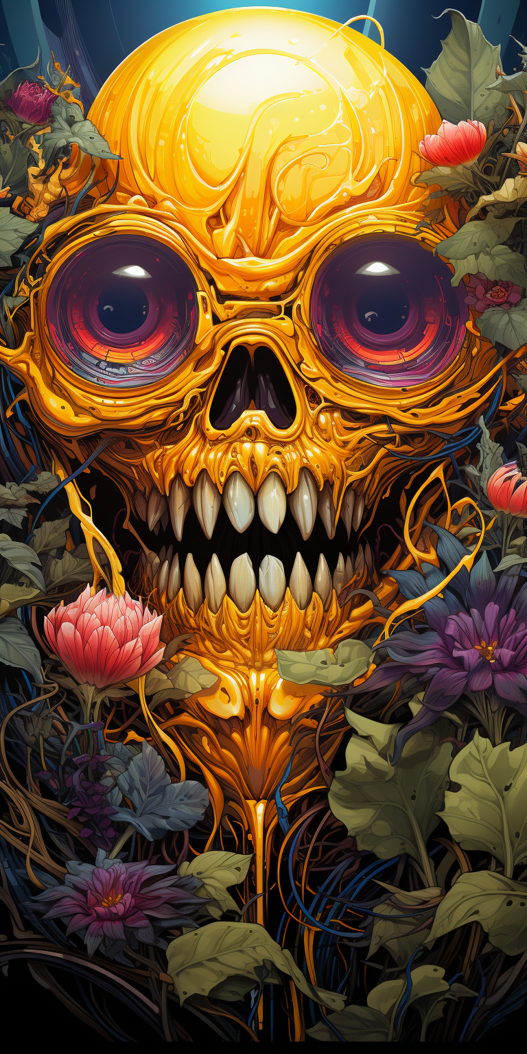 AI generated: Midjourney prompt: a skull in the jungle with colorful flowers, in th... (Midjourney - Concept Art)