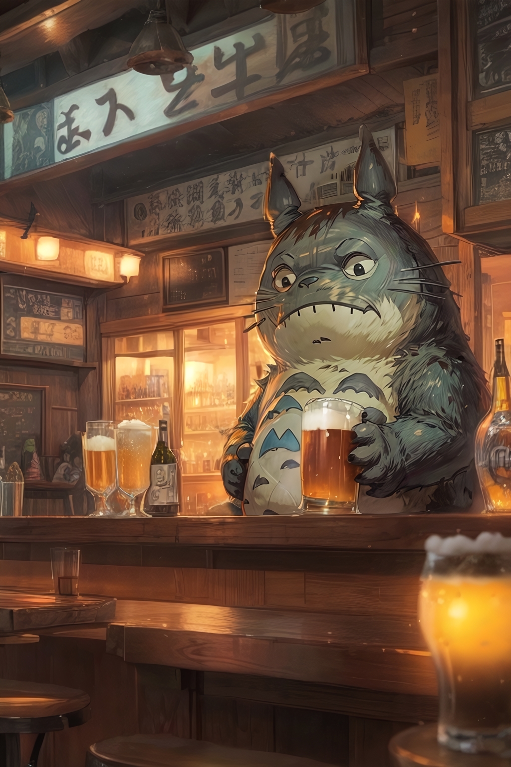 AI generated: Stable Diffusion prompt: a drunk totoro with a beer at a bar, cinematic lig... (Stable Diffusion - Portraits)