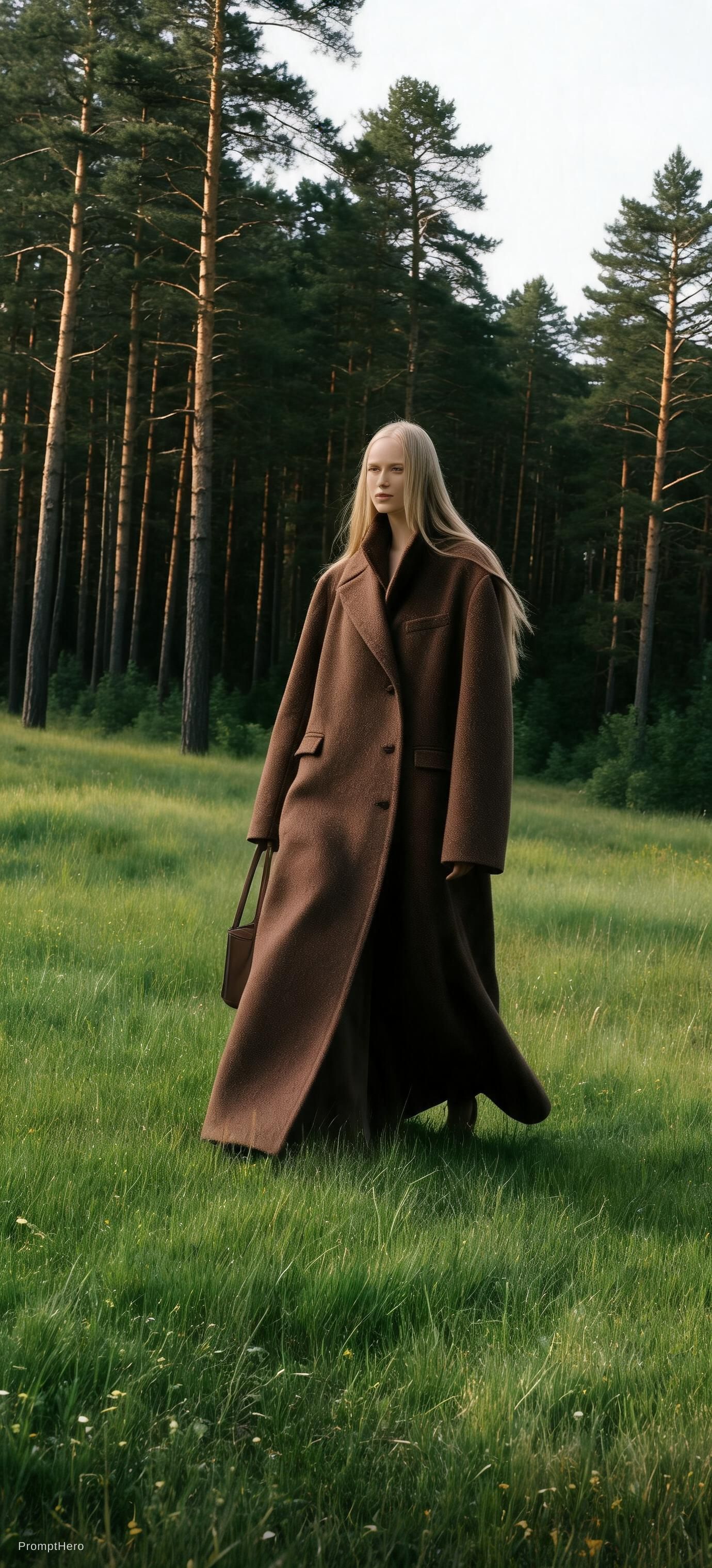 Hero prompt: a woman walking through a lush green field, vogue ... - Hero