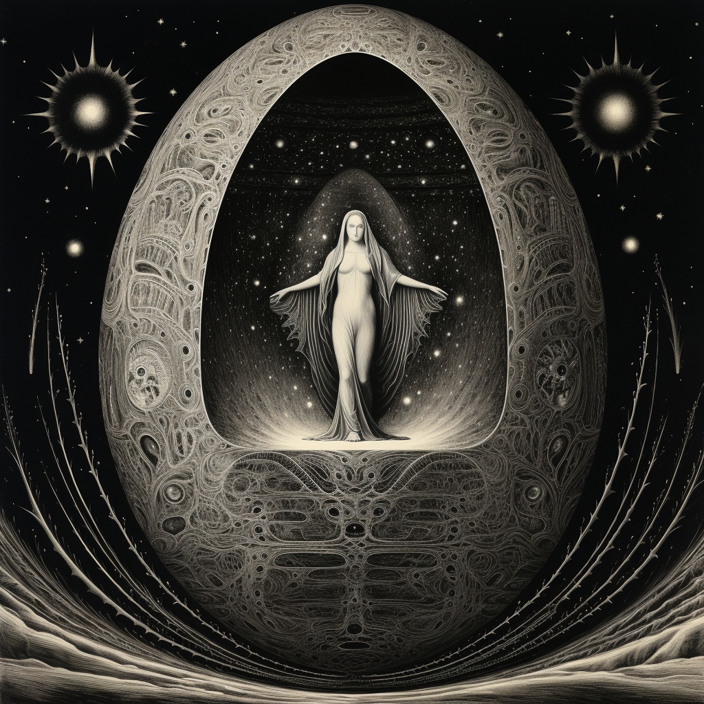 صورة مولدة بالذكاء الاصطناعي: Midjourney prompt: Orphic god Phanes emerging from the cosmic egg --v... (نموذج Midjourney - Character Design)