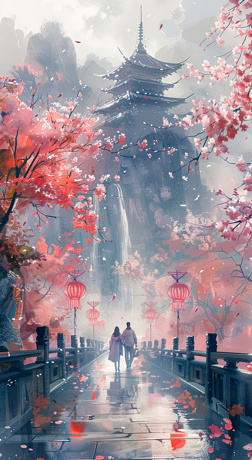 AI generated: Midjourney prompt: one people walk the bridge under a large cherry bl... (Midjourney - Photography)