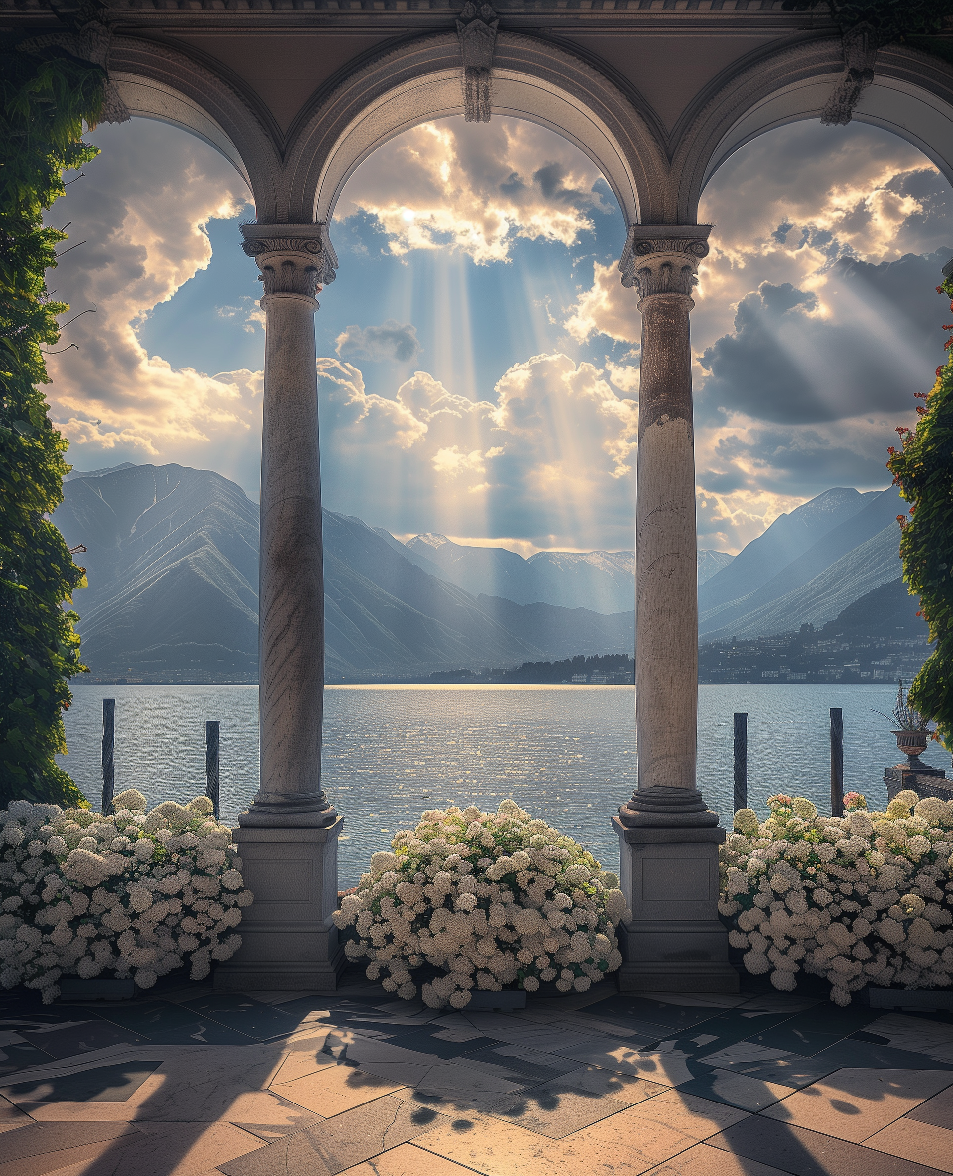 صورة مولدة بالذكاء الاصطناعي: Midjourney prompt: A view of Lake Como from an old Italian villa with... (نموذج Midjourney - عمارة وتصميم)